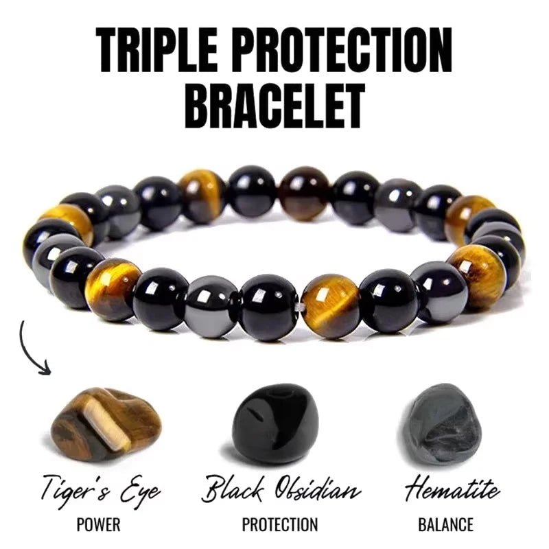 Tiger Eye Bead Bracelet – Natural Obsidian & Hematite Bracelet