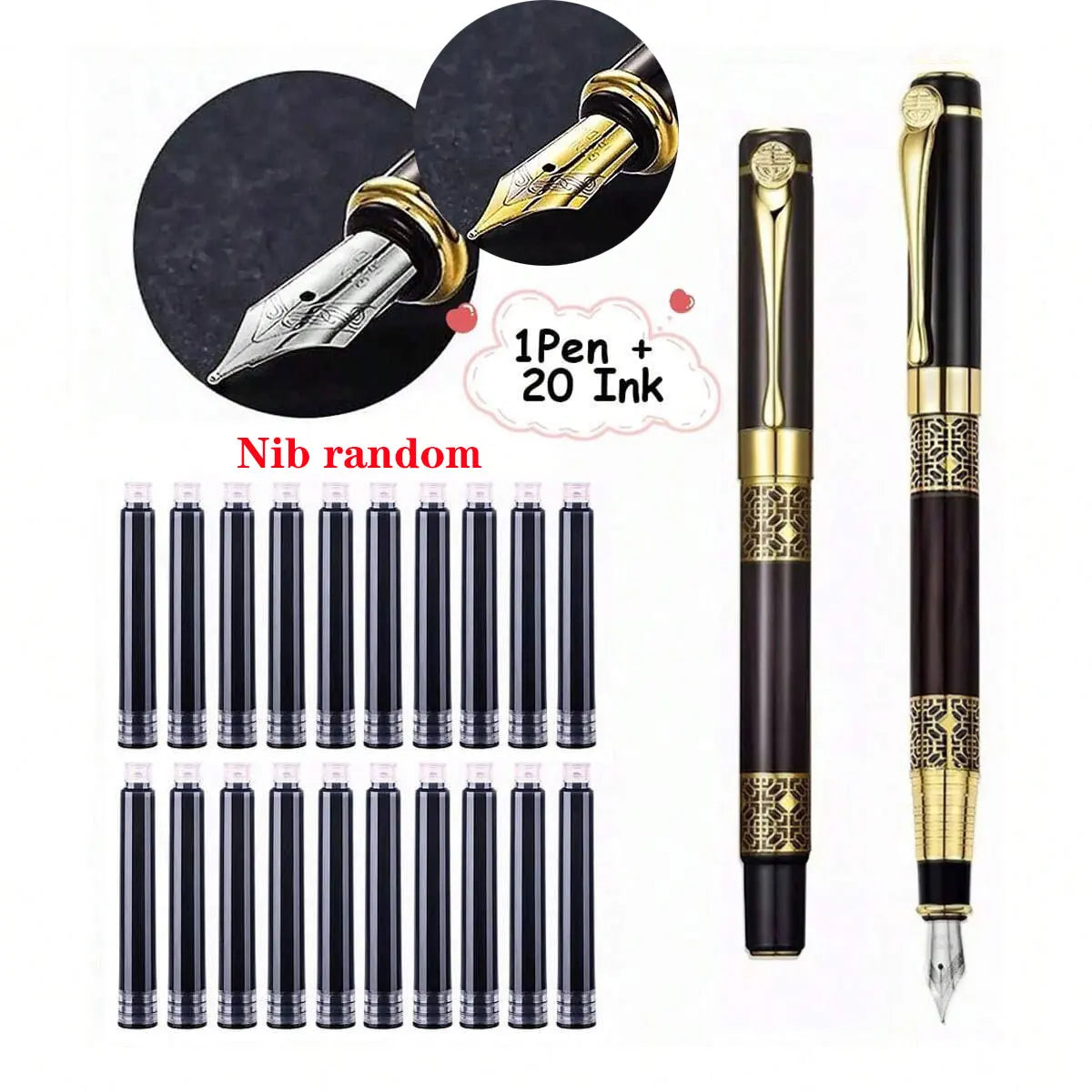 Metal Fountain Pen with Replaceable Ink Cartridges