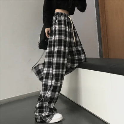 Black Checkered Wide Leg Pants High Waist Streetwear