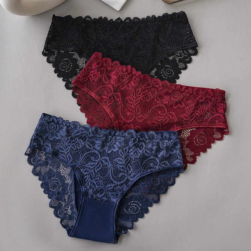 Lace Cotton Panties 3PCS Floral Embroidered Women's Briefs