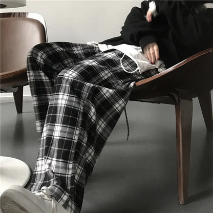Black Checkered Wide Leg Pants High Waist Streetwear