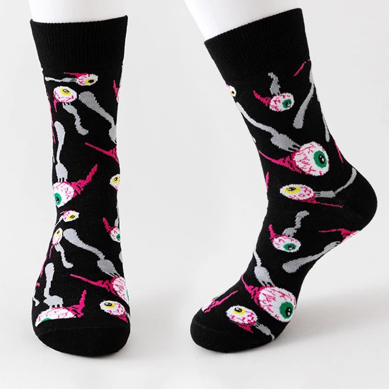 1/8 Pairs Unisex Halloween Printed Mid Tube Socks Fashionable Skull Pumpkin Sweat Absorbing Breathable All Season Casual Socks