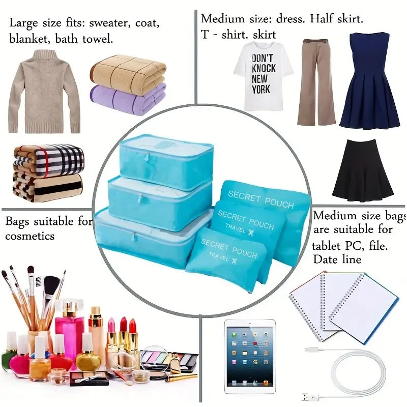 Travel Storage Bags 6 Piece Waterproof Packing Cubes Set