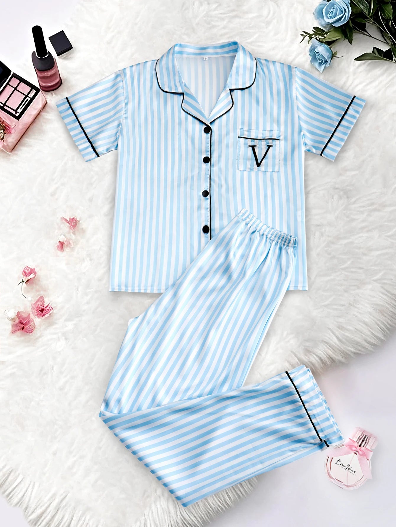 Women's Satin Pajama Set Short Sleeve Striped Sleepwear with Pockets