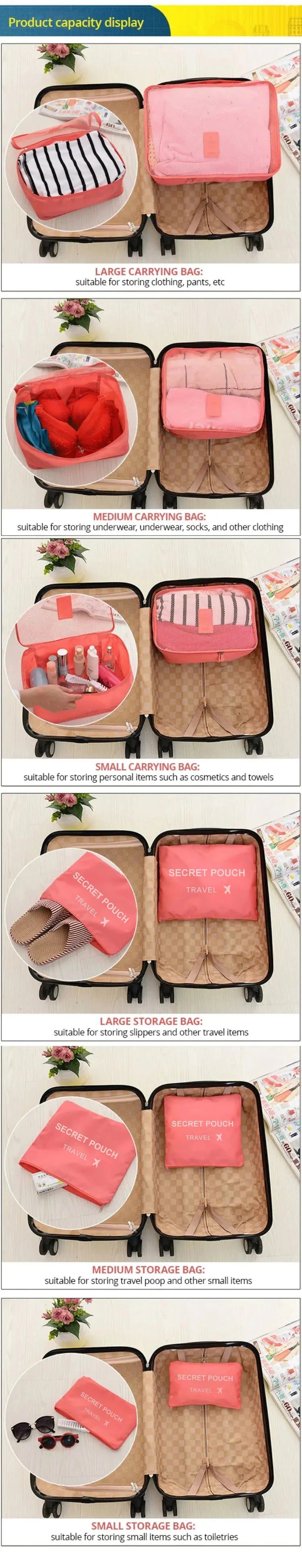 Travel Storage Bags 6 Piece Waterproof Packing Cubes Set