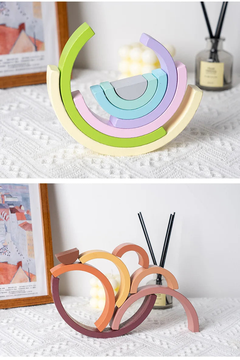 Wooden Rainbow Stacking Blocks Montessori Arch Bridge Toy