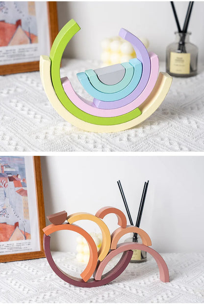 Wooden Rainbow Stacking Blocks Montessori Arch Bridge Toy