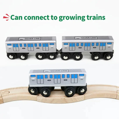 Wooden Toy Trains With Extended Silvery Body And 8-Wheel Design, Compatible With Major Wooden Train Track Brands