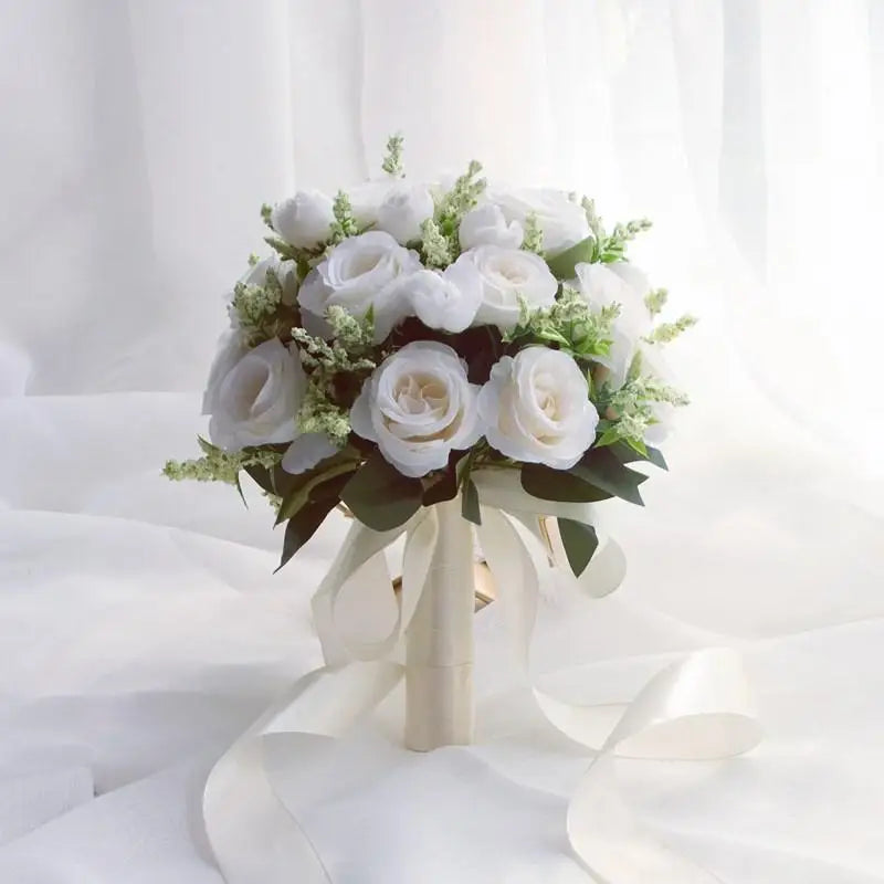 White Rose Wedding Bouquet – Handmade Silk Bridal Flowers