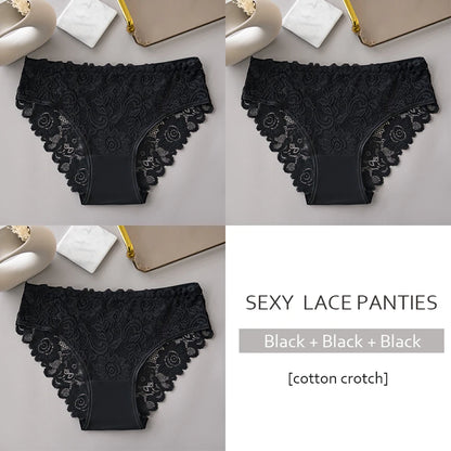 Lace Cotton Panties 3PCS Floral Embroidered Women's Briefs