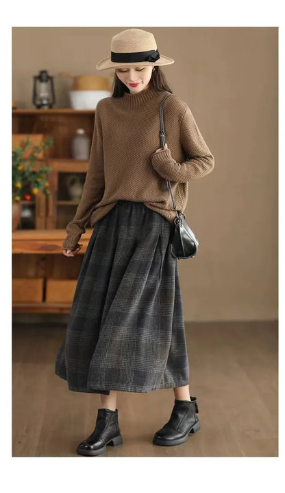 Women's Woolen Skirt 10% Wool Plaid A-Line Mid Length Winter Skirt