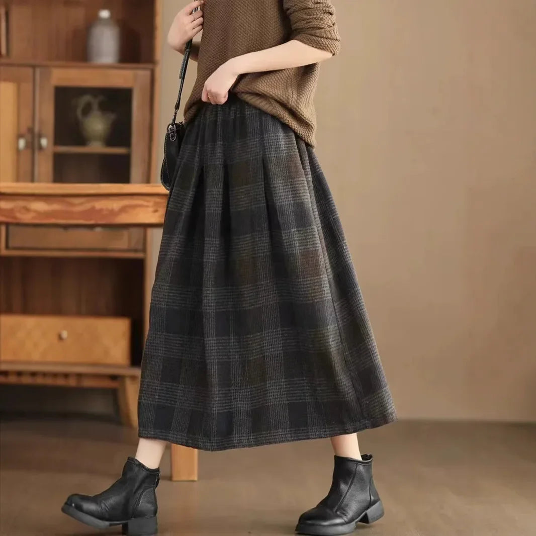 Women's Woolen Skirt 10% Wool Plaid A-Line Mid Length Winter Skirt